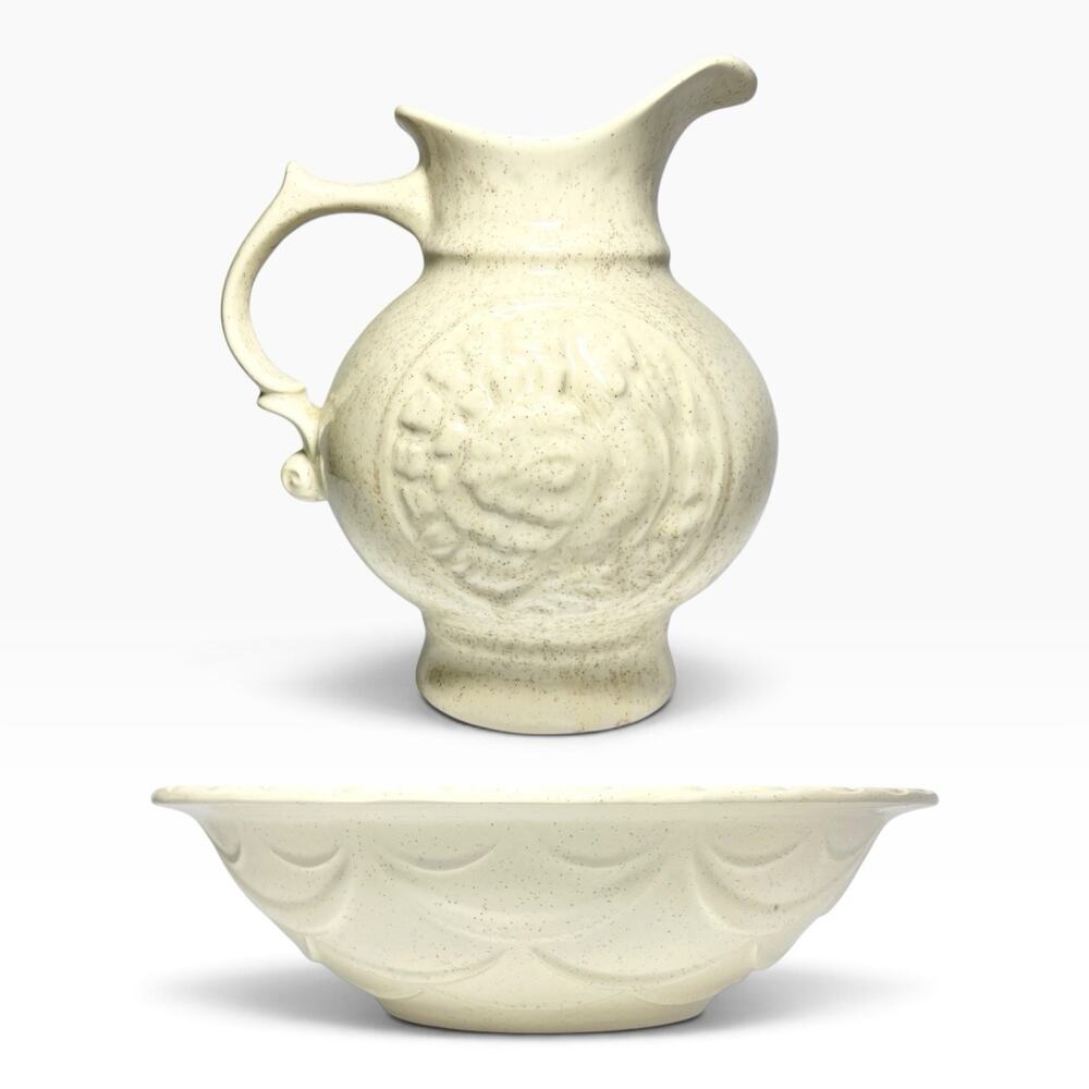 Vintage Farmhouse Ceramic Speckled Cream Beige Wash Basin Bowl & Pitcher Turkey